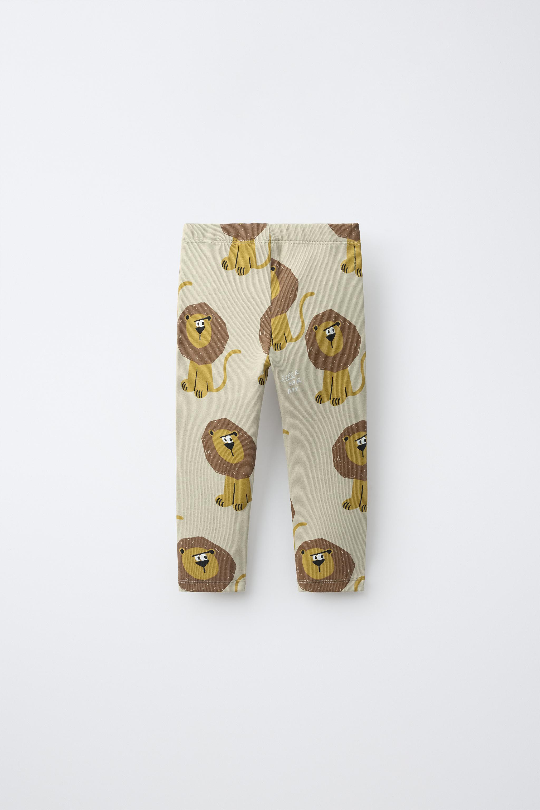 LION PRINT RIBBED LEGGINGS — Light beige