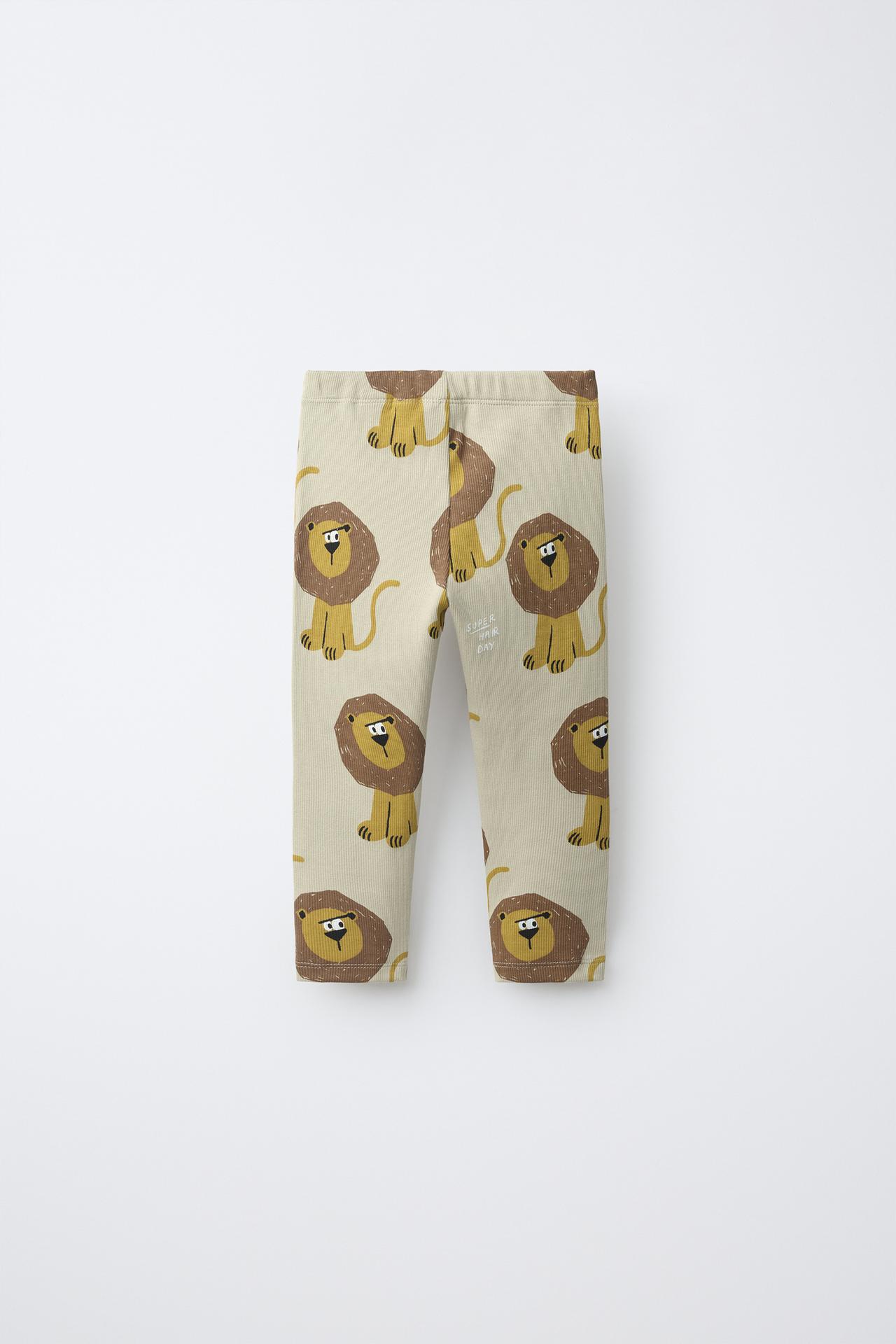 LION PRINT RIBBED LEGGINGS — Light beige