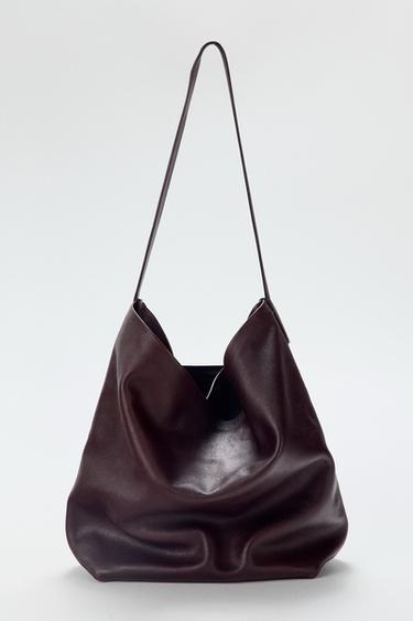 Zara DOUBLE COMPARTMENT LEATHER BUCKET BAG - Burgundy Red