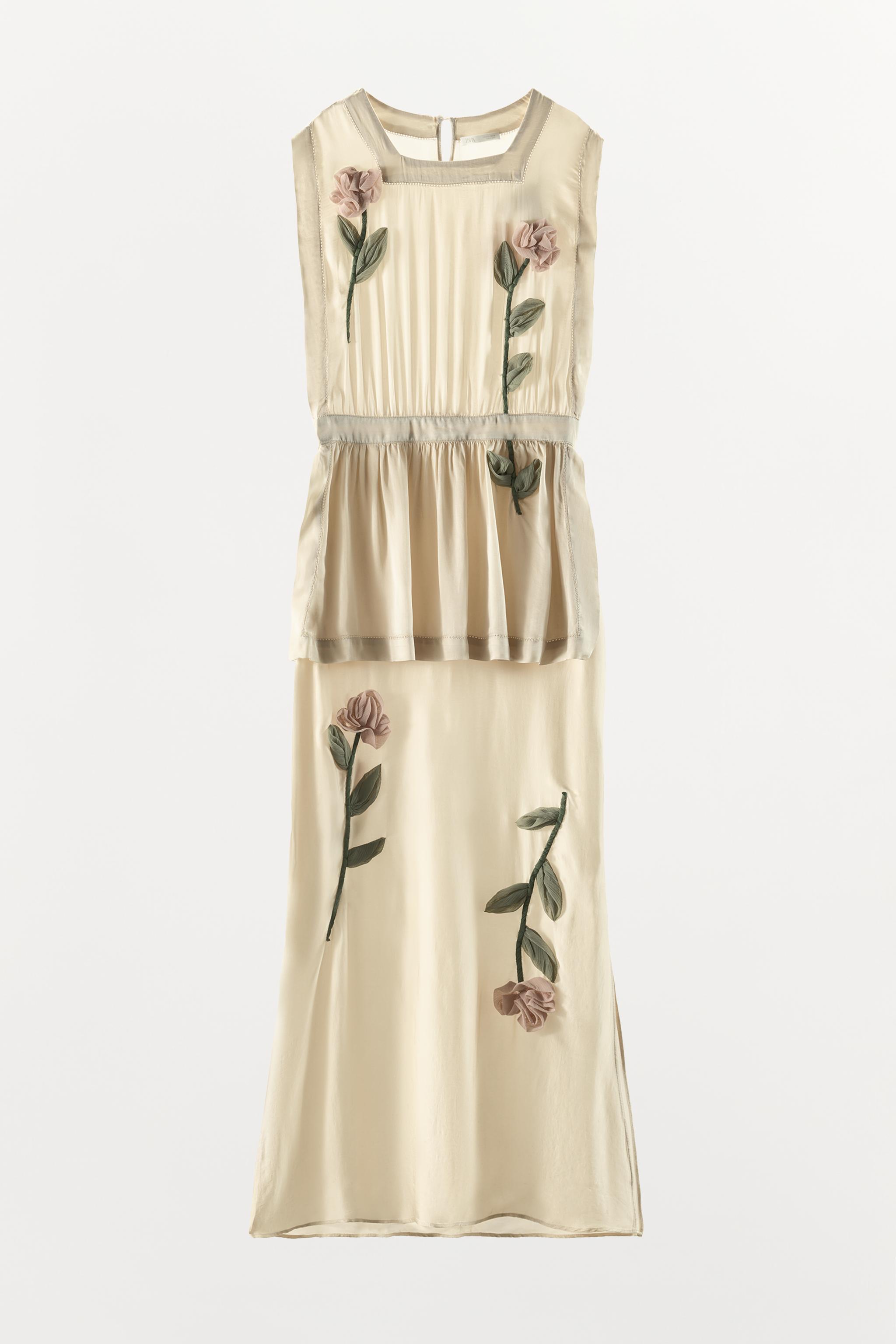 zara cream floral dress SATIN WITH 3D FLOWERS - Ecru Color:GRANDE POLKA DOT BLACK - TAN Stone Cold Fox x YGroup_alandra-maxi Zara white satin FLORAL PRINT COMBINATION DRESS