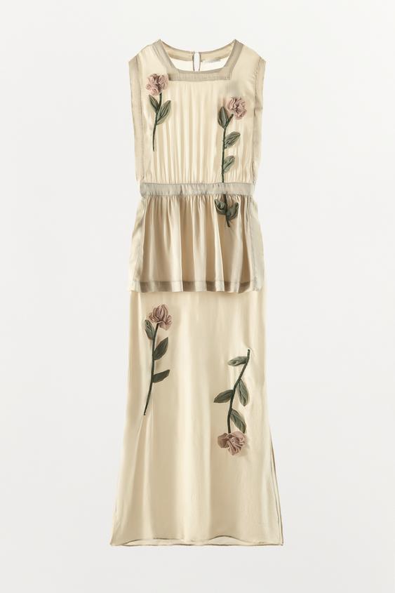 zara cream dress with flowers LIMITED EDITION EMBROIDERED BEADED DRESS - Oyster-white