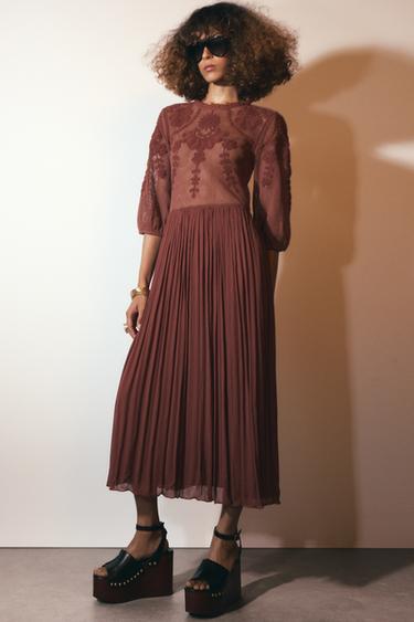 VESTIDO COMBINADO ZW COLLECTION - Granate de Zara