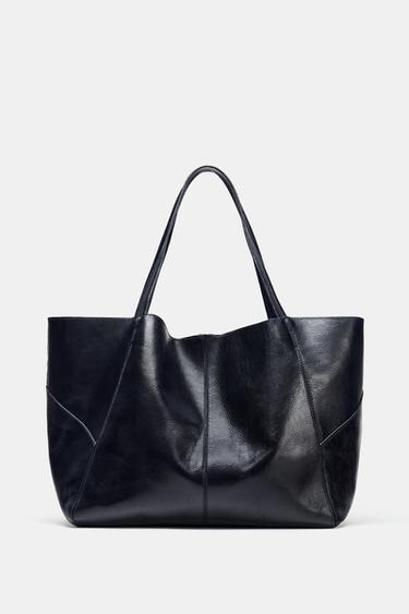 Zara VELIKA KOŽNA SHOPPER TORBA – Mornarsko plava