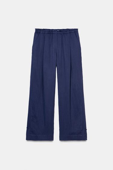 Zara FLOWY TIED PANTS - Navy blue