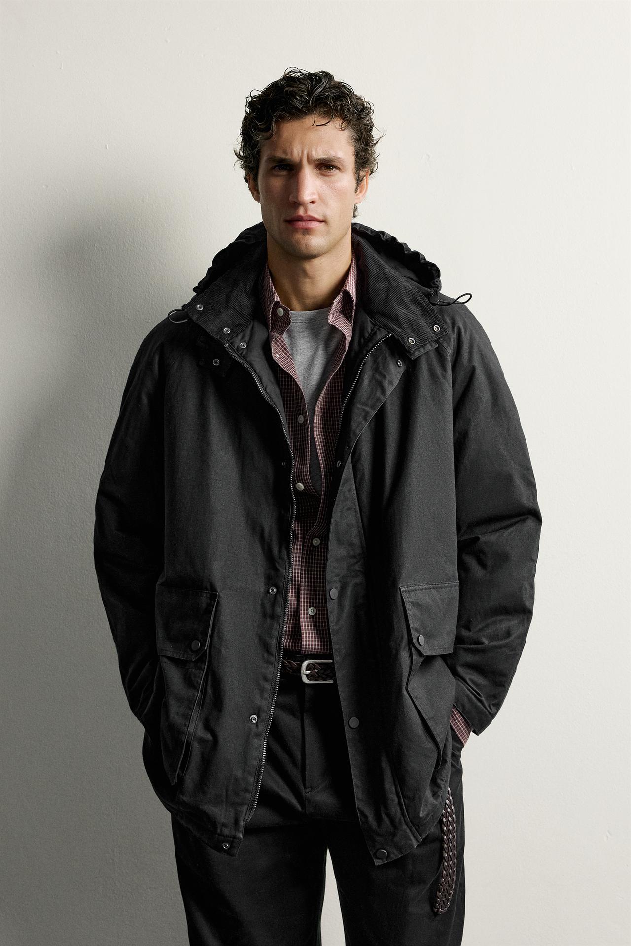 WAXED-EFFECT PADDED JACKET — Black