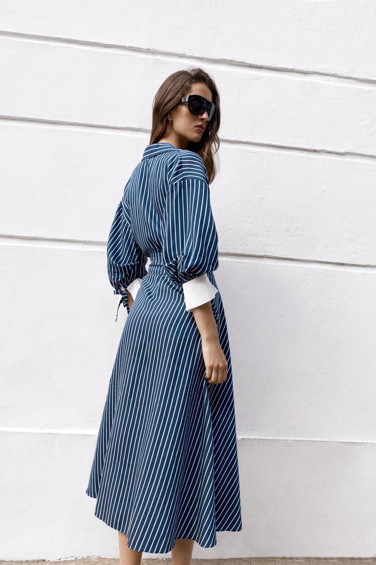 Vestido midi con cinturón y rayas 7