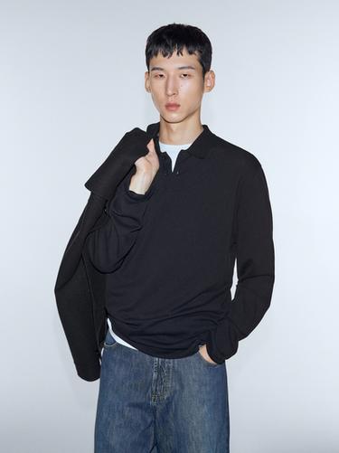 Zara Long sleeve mercerised cotton piqué polo shirt - Navy blue