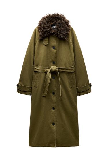 FAUX FUR COLLAR WAXED EFFECT TRENCH
