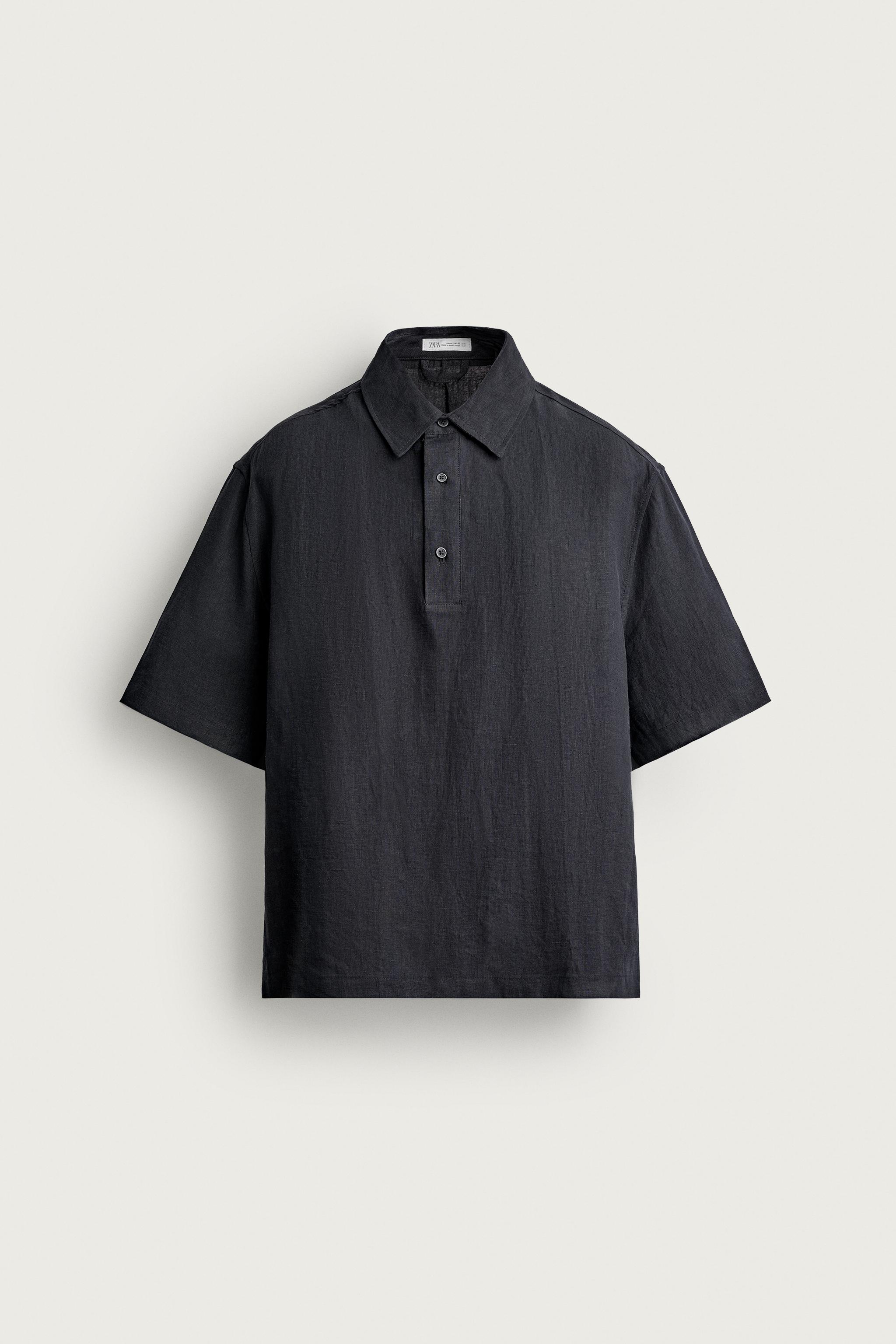 100% LINEN BOXY FIT POLO SHIRT — Dark navy