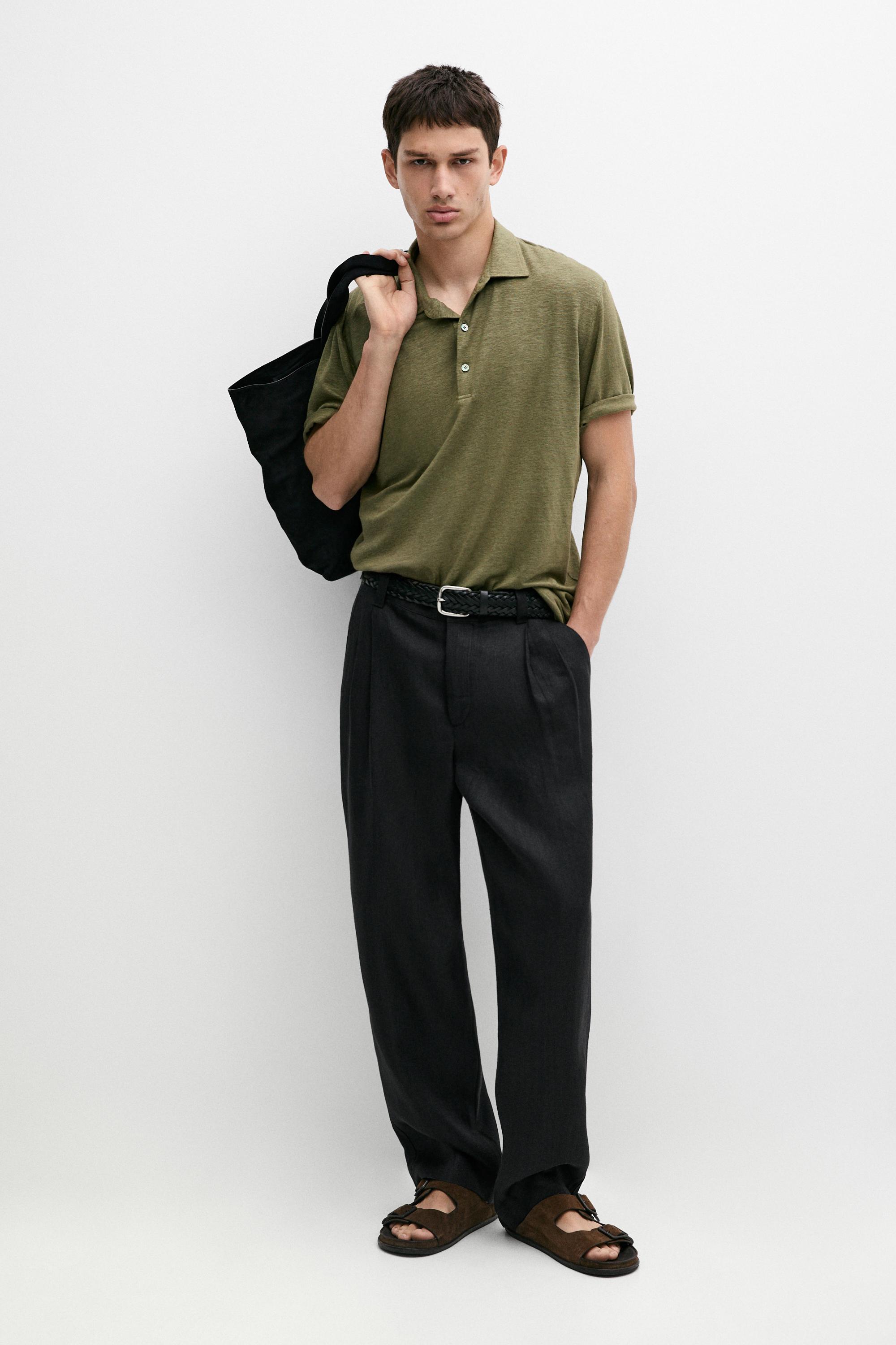 100% linen short sleeve polo shirt — Khaki marl