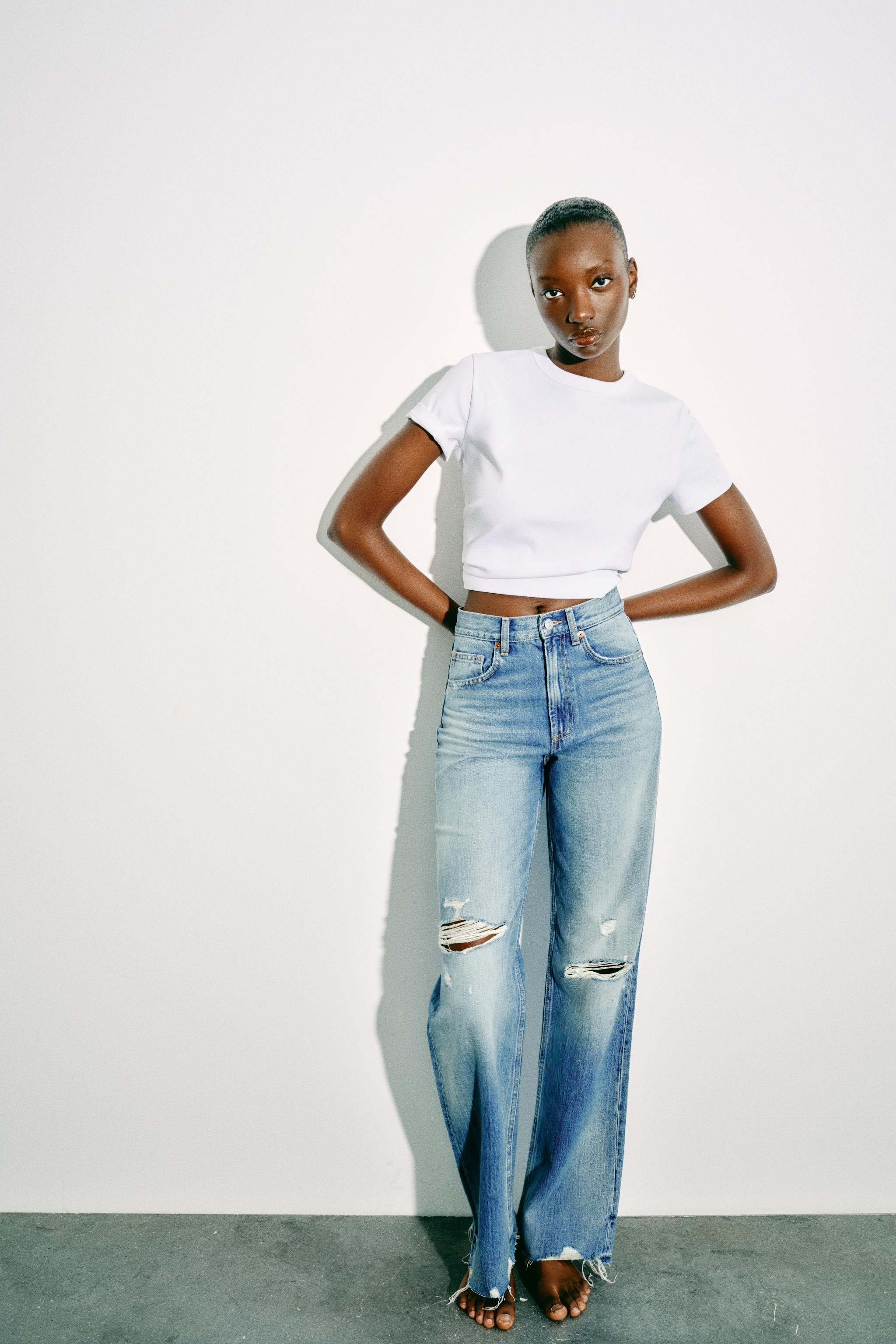 WIDE-LEG HIGH-WAIST RIPPED TRF JEANS - Blue | ZARA Turkey