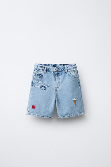 برمودا DENIM مطرزة - أزرق وسط by Zara