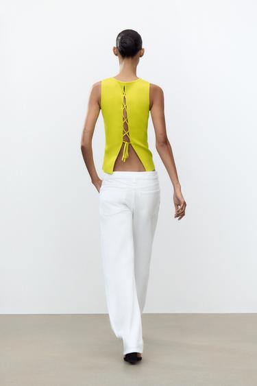 RIBBED KNIT LACE-UP BACK TOP - Lime by Zara - Image 3