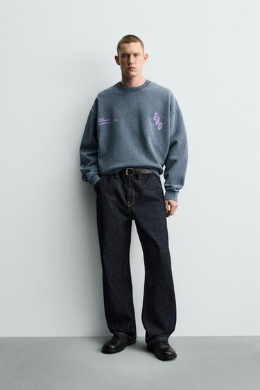 WASHED PRINTED TEXT SWEATSHIRT - Faded blue by Zara - Image 0