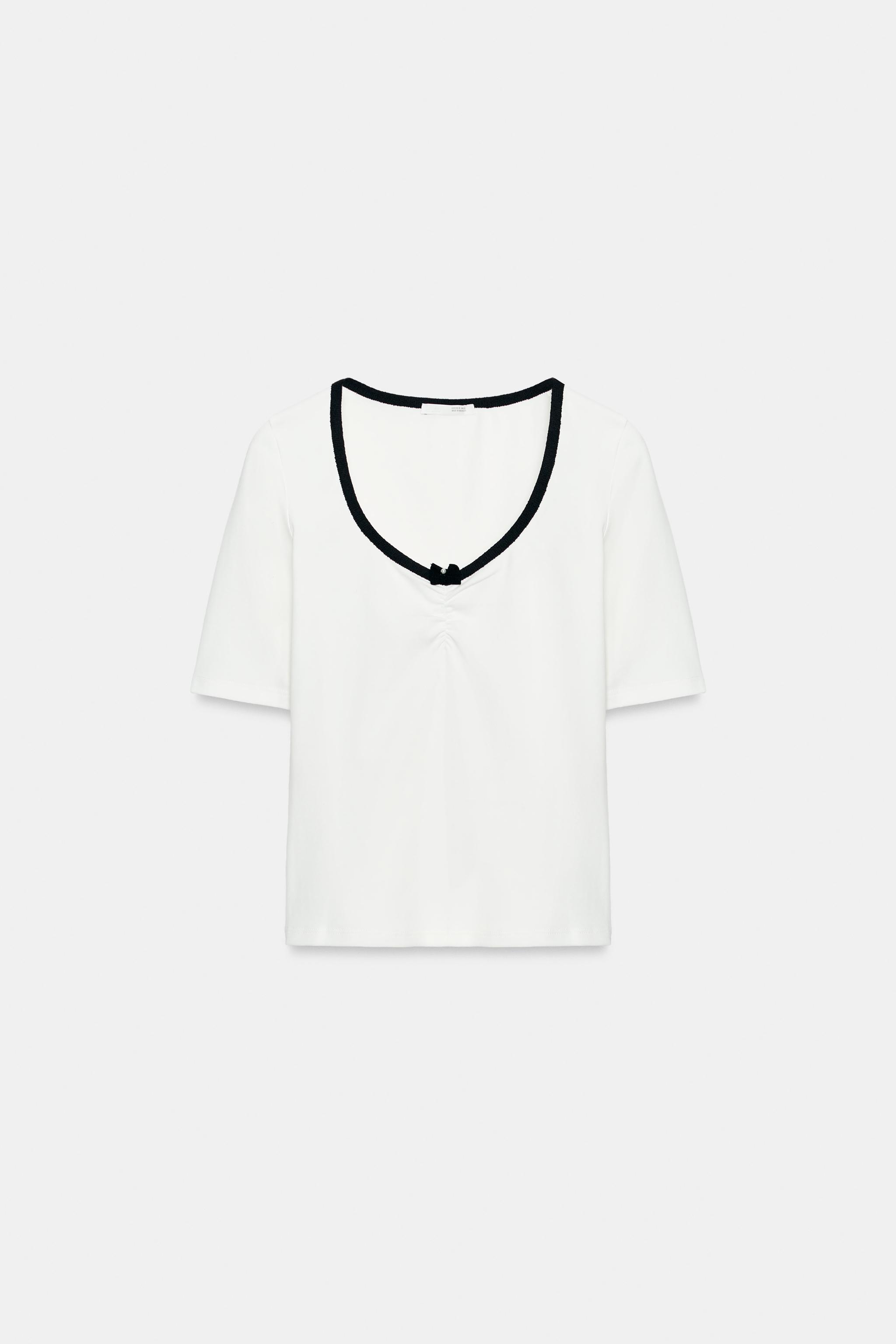 CONTRAST BOW NECKLINE T-SHIRT