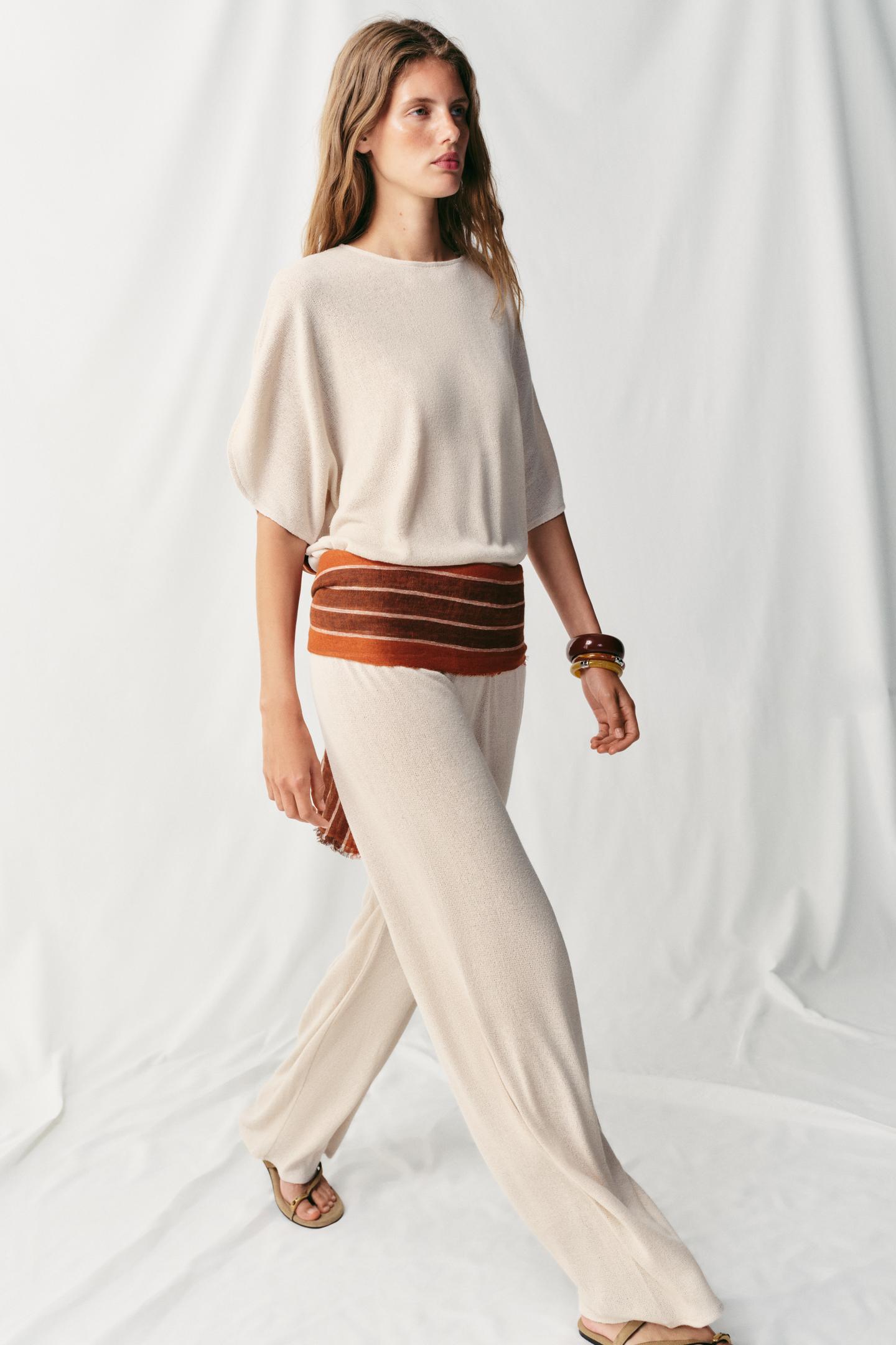 Женские брюки Zara Rustic Wide Leg, цвет: Светлый бежевый — фото 5