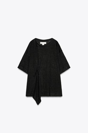 LINEN T-SHIRT WITH BOW X FANGLU LIN - Black by Zara