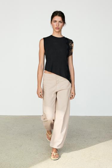 Zara Sleeveless top with lace detail - Black - Image 0