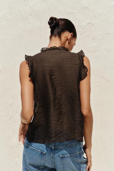 TOP SEMI-TRANSPARENT VOLANTS - Marron de Zara - Image 4