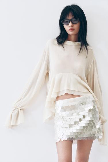 Zara 薄透荷葉邊上衣 - 裸色