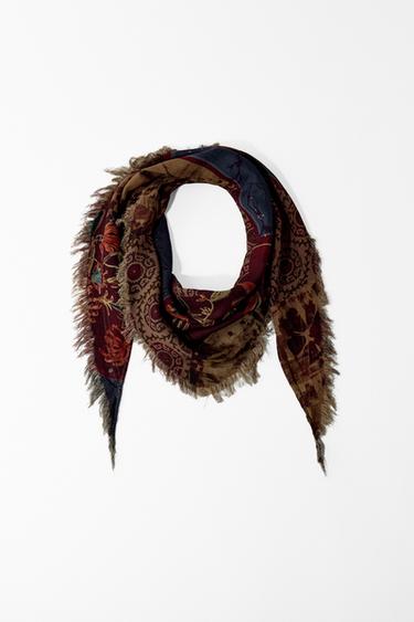 Zara PRINTED FRINGED BANDANA - Eggplant