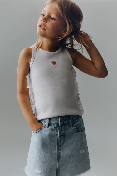 Zara EMBROIDERED RUFFLED RIBBED TOP - White