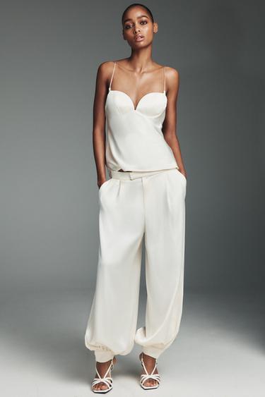 Zara SATIN EFFECT SWEETHEART NECKLINE TOP - Oyster-white