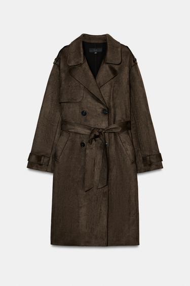LONG FAUX SUEDE TRENCH COAT WITH BELT - Light khaki by Zara - Image 0