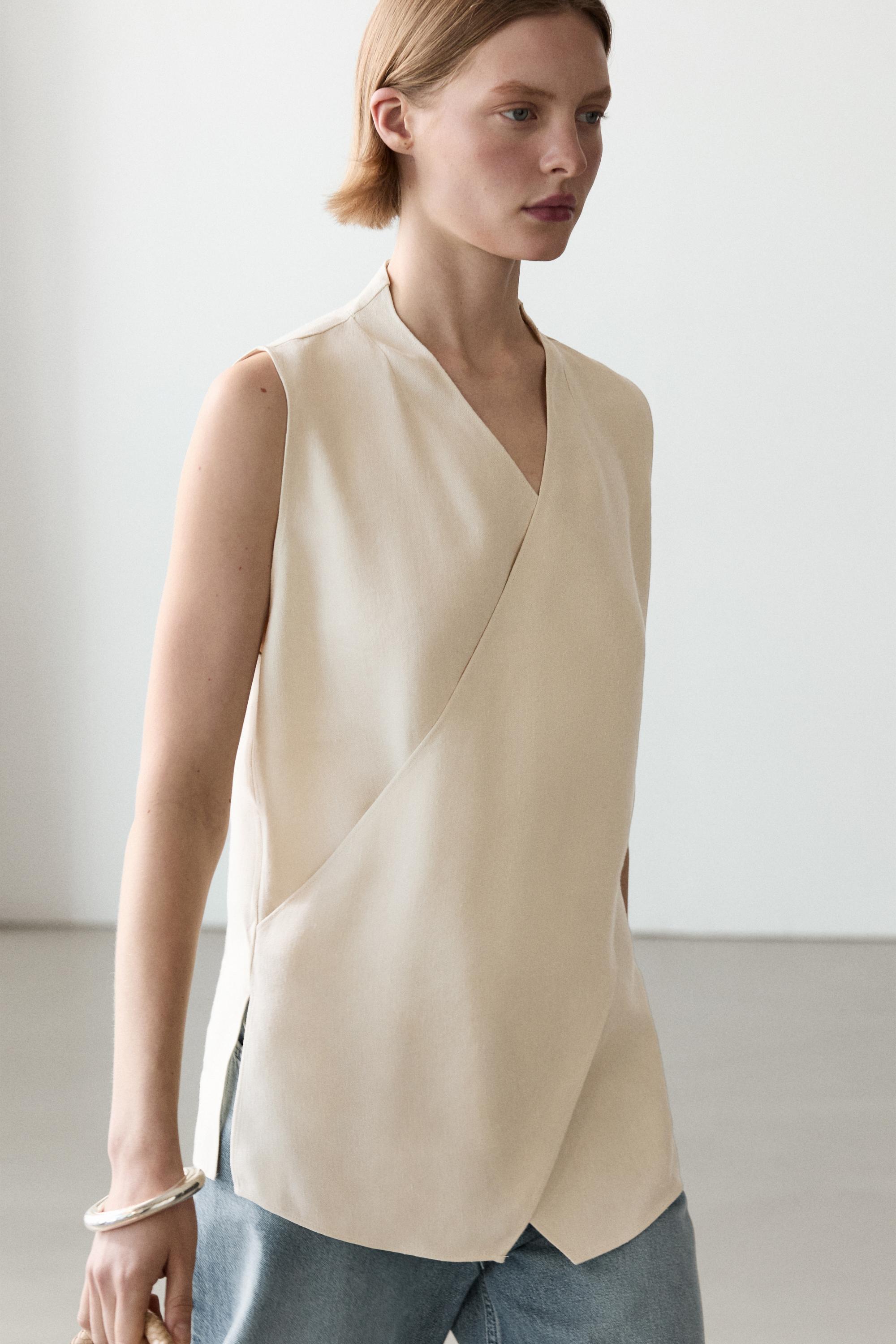Flowing linen blend crossover top
