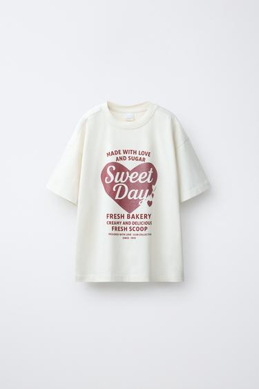 HEART & SLOGAN PRINT T-SHIRT - Ecru by Zara