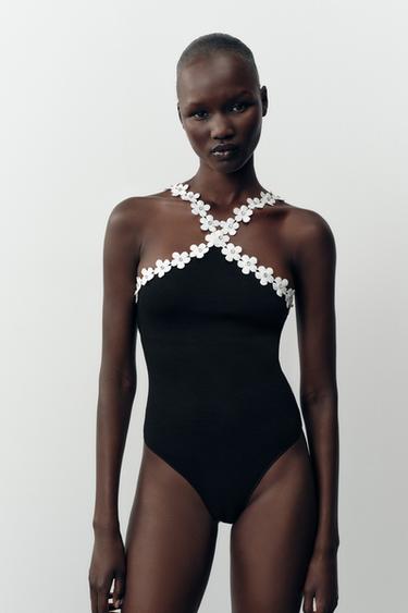 STRETCH FLORAL HARDWARE BODYSUIT - Black by Zara