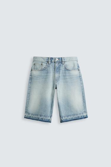 Zara BAGGY FIT DENIM SHORTS - Light blue