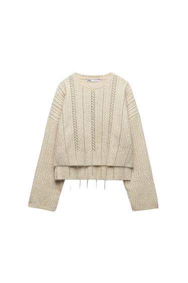 BRAIDED KNIT SWEATER WITH RHINESTONES