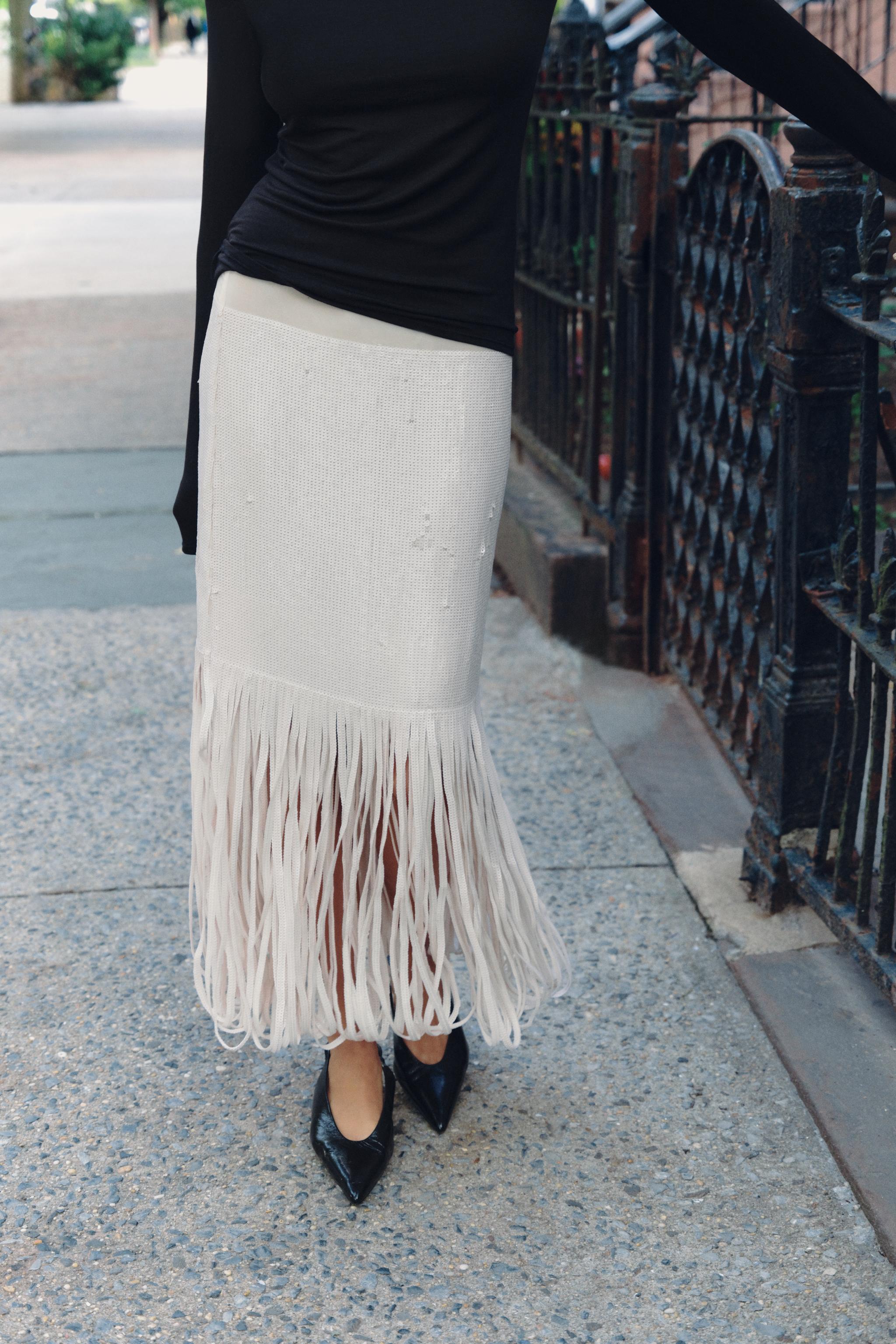 SEQUIN FRINGED MIDI SKIRT
