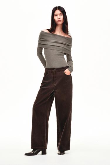 Zara 平口針織縮褶上衣 - 暗灰褐色