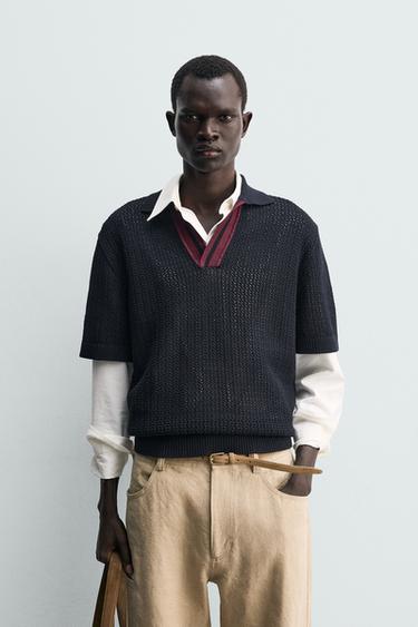 Zara 撞色紋理針織POLO衫 - 海藍色