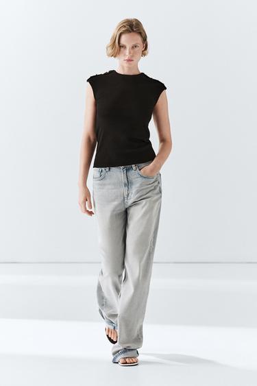 Zara Drop sleeve T-shirt with button details - Black - Image 0