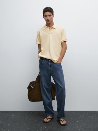 Zara Micro textured piqué cotton polo shirt - Biscuit