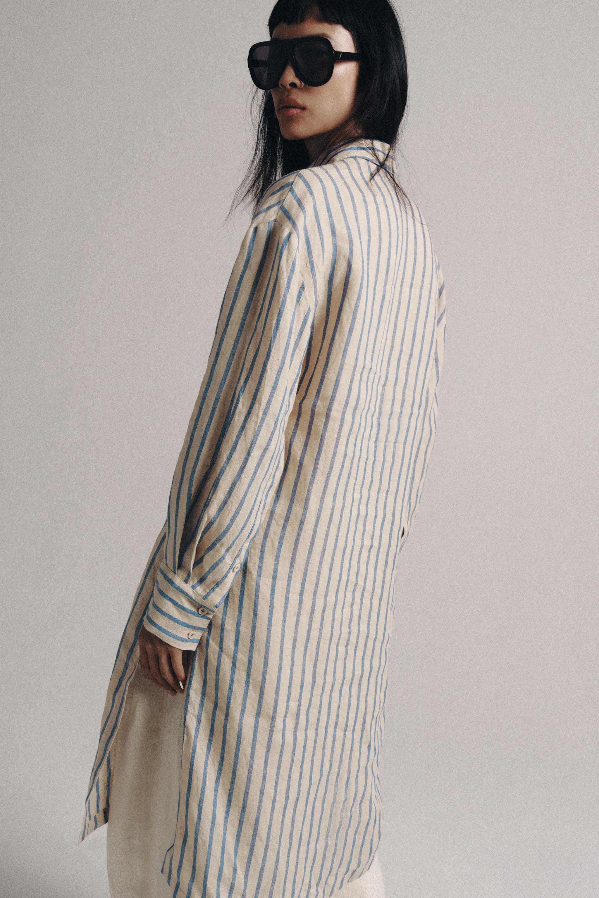 Zara ZW COLLECTION %100 KETEN ÇİZGİLİ GÖMLEK ELBİSE görsel 3