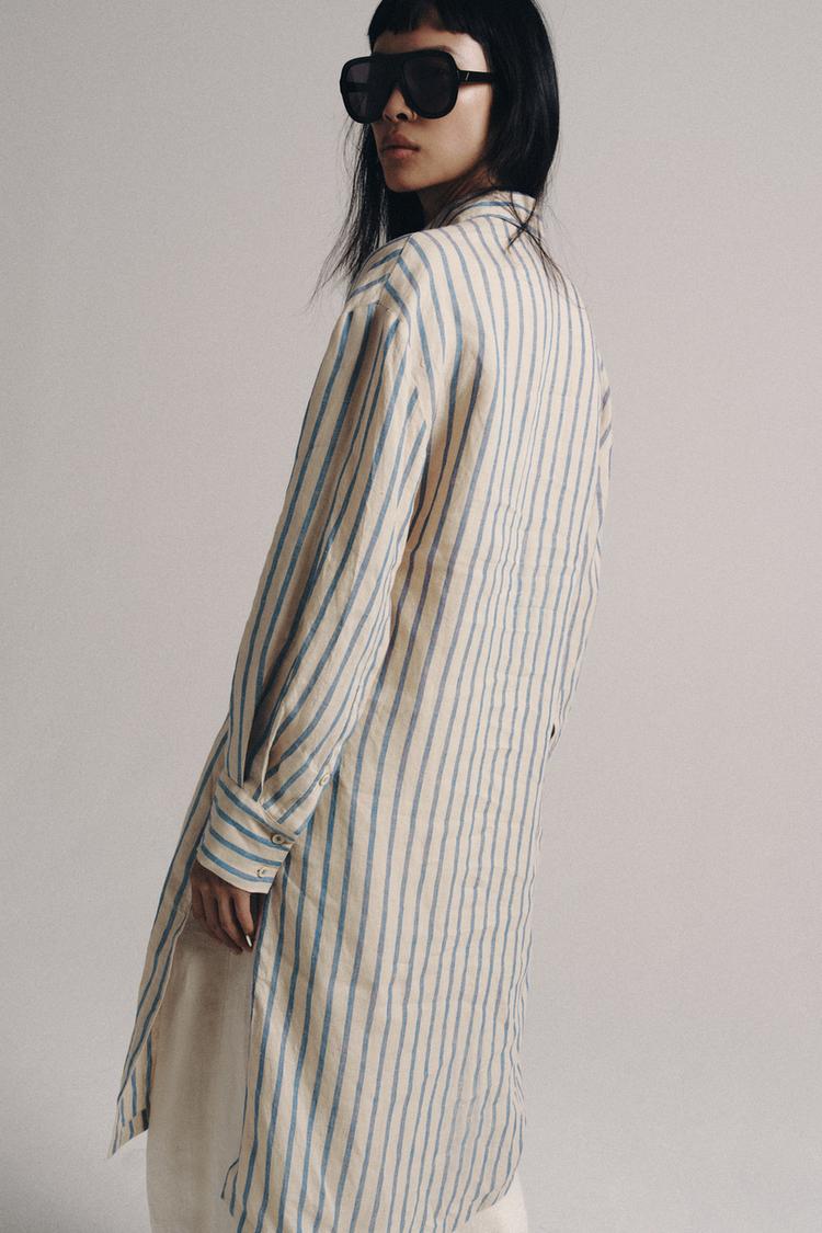 Vestido camisero a rayas de 100% lino de la colección ZW 3