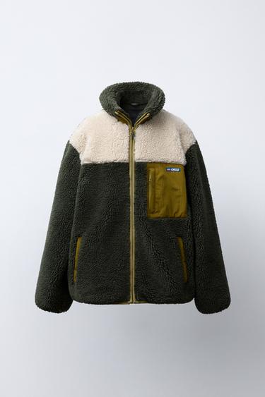 COLOUR BLOCK FAUX SHEARLING JACKET - Khaki by Zara