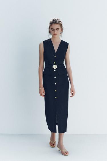 Zara LINEN BELTED MIDI DRESS - Navy blue