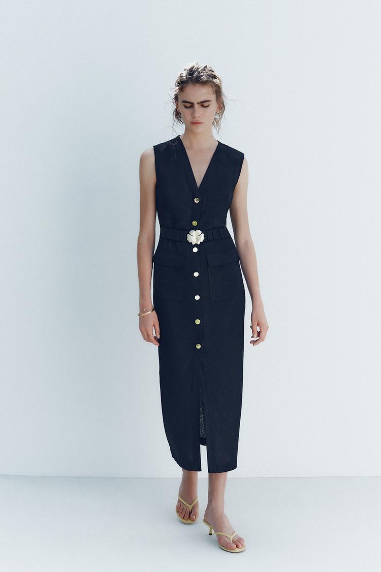 LINEN BELTED MIDI DRESS