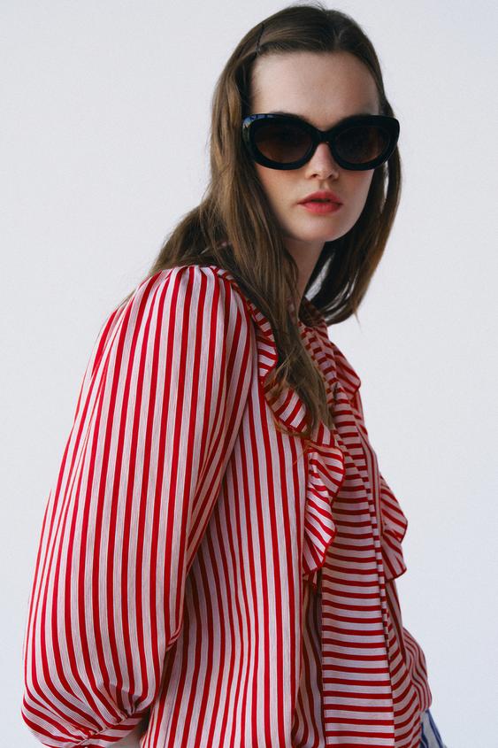 ზოლიანი პერანგი ბანტით - Zara-ს White / Red - სურათი 0
