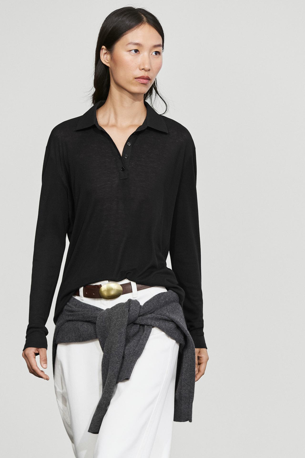 Long sleeve wool polo shirt — Black