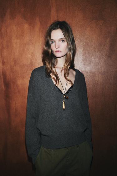 DEEP V-NECK KNIT JUMPER - Grey by Zara