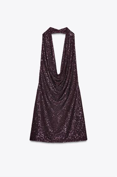 MINI DRESS WITH SEQUINS - Burgundy by Zara