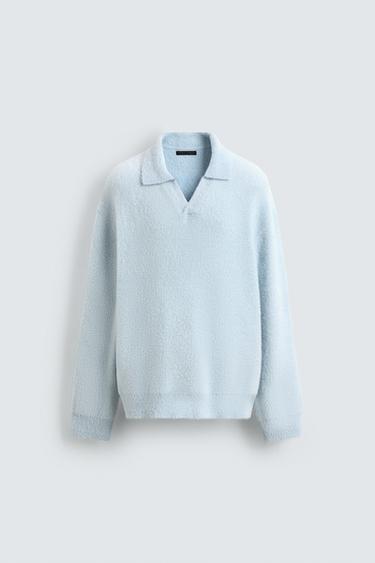 RELAXED FIT FAUX FUR KNIT POLO SHIRT - Sky blue by Zara