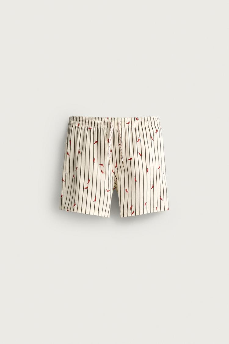 CHILI STRIPE MID-LENGTH SWIMSUIT — Ecru