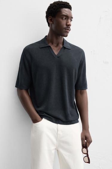 100% HEMP KNIT POLO SHIRT - Navy blue by Zara - Image 5